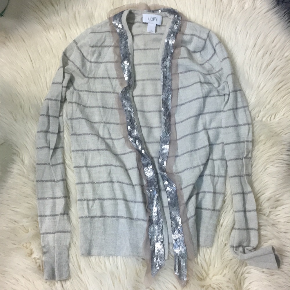 Loft silver striped sequin trim open sweater